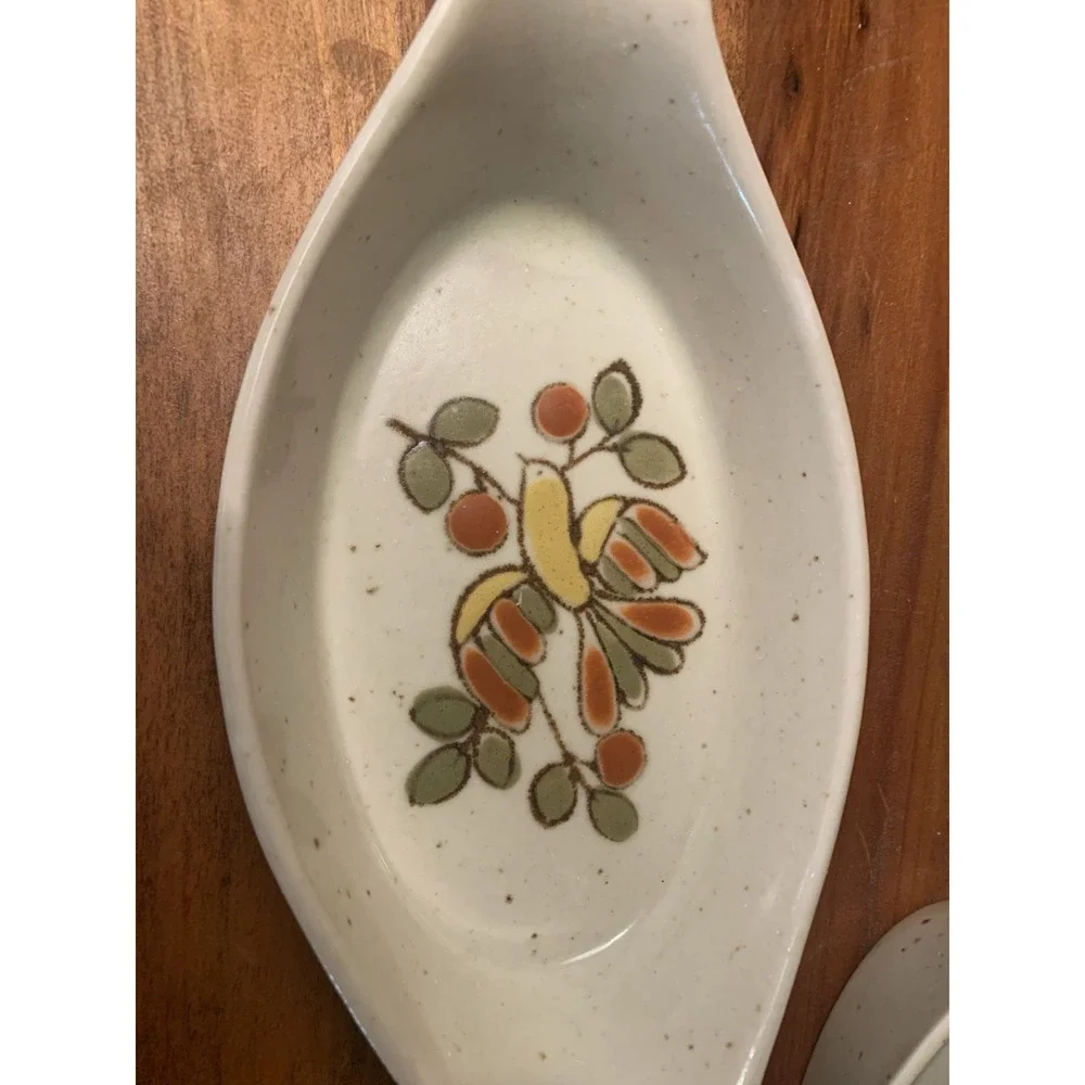 VTG Otagiri Japan Au Gratin Casserole Dish Speckled Stoneware Set 4 Bird Berries